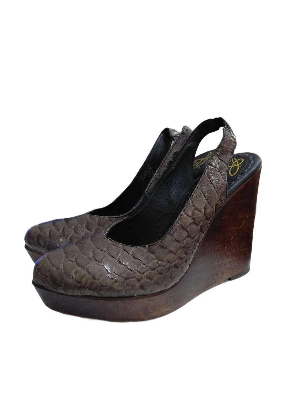 Vintage Rowen Brown Python Textured Leather Wooden Wedge Slingback Shoes Size